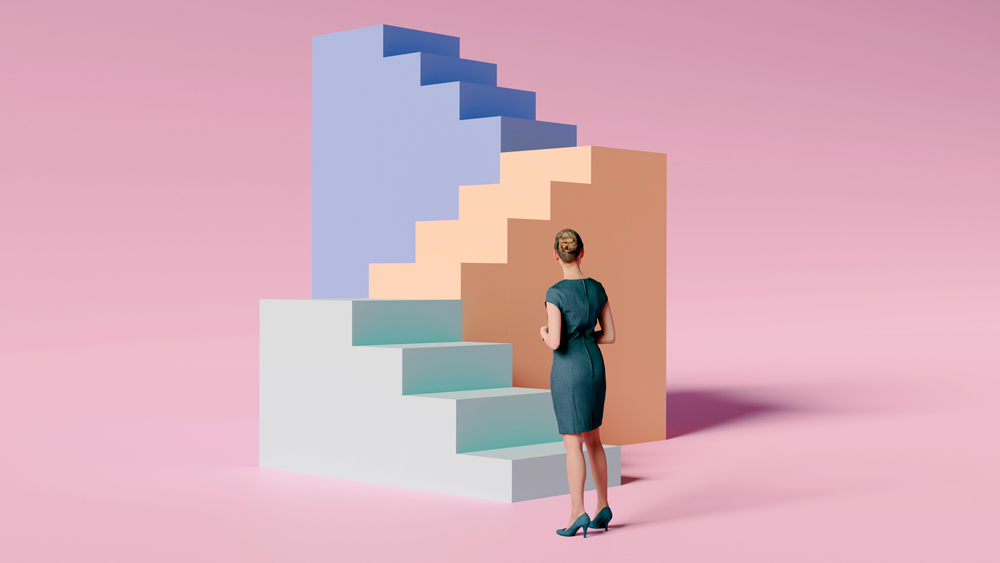 Woman looking up three staircases