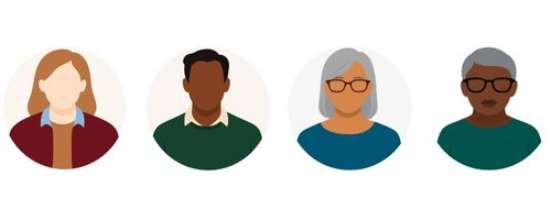 Illustration of a diverse group of four individuals representing different ages, genders, and ethnic backgrounds, symbolizing inclusivity and fairness.