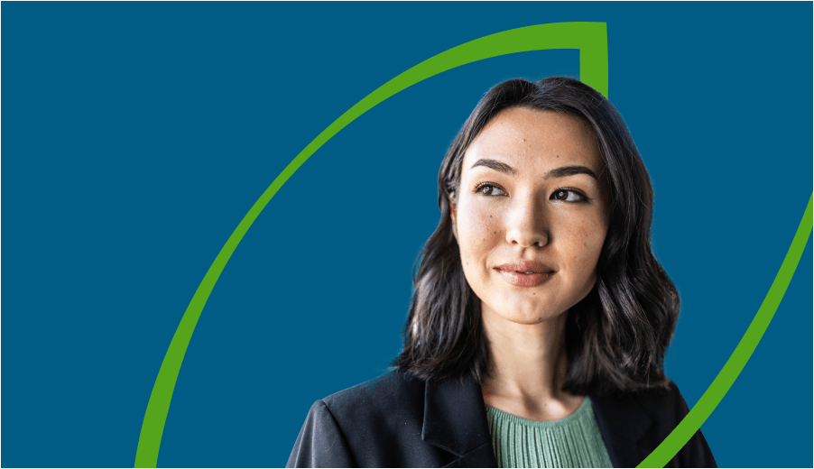 Young woman with a soft smile gazing into the distance, with a green line forming the shape of a leaf around her.